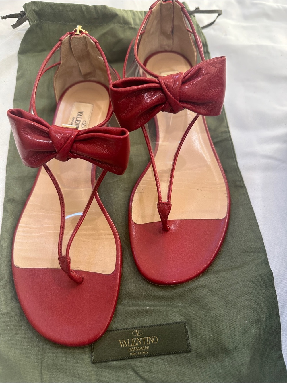 Valentino Garavani Red Leather Bow T-Strap Sandals